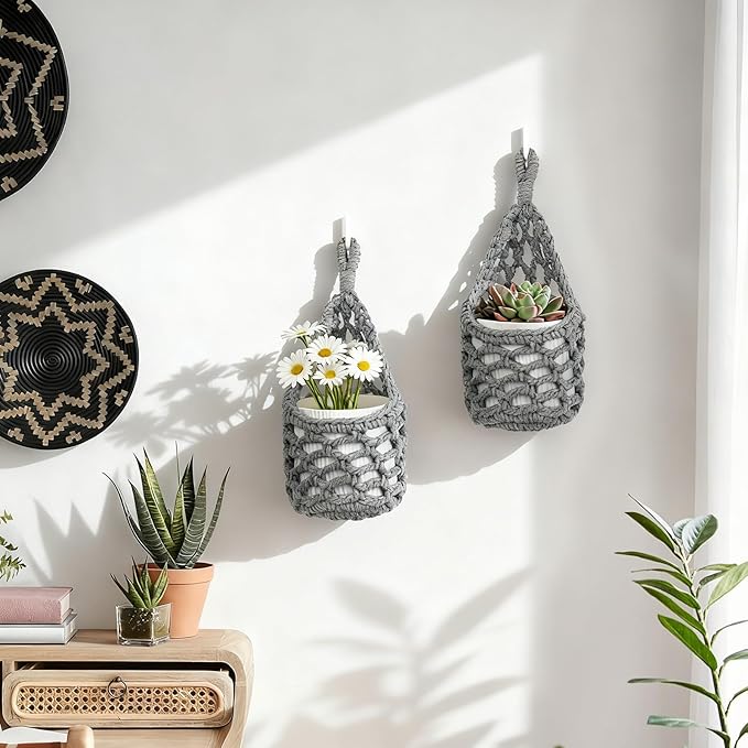 Macrame Wall Plant Hanger, Hanging Planter Basket Holder, Wall Planters for Indoor Plants, for Up to 4 Inch Pot (Grey, 4-Inch)