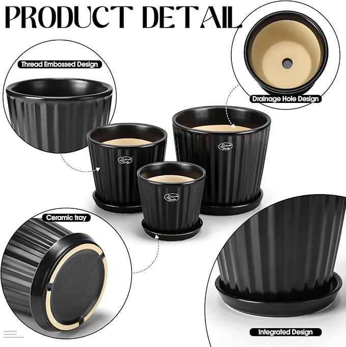 3 Pcs Ceramic Plant Pots 7.3/6/4.7 Inch Ceramic Flower Pot with Drainage Hole and Saucer Decorative Planter Indoor Outdoor for Gardening Home Desktop Office Windowsill Decoration Gift(Black)