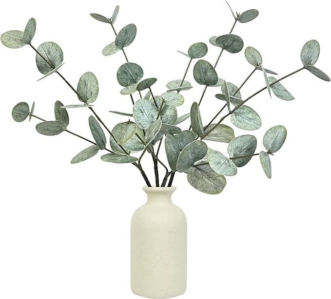 4PCS Artificial Eucalyptus Stems in Ceramic Pot, 15" Fake Plant Green Artificial Plant Indoor Faux Greenery Eucalyptus Bathroom Decor for House Office Desk