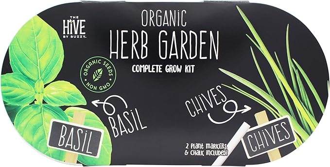 BUZZY Seeds Kitchen Herb Garden Kit with 2-Pot Metal Planters with Plant Markers, Organic Basil and Chive Seeds, Coconut Husk Growing Medium, Indoor Countertop Gardening Gift