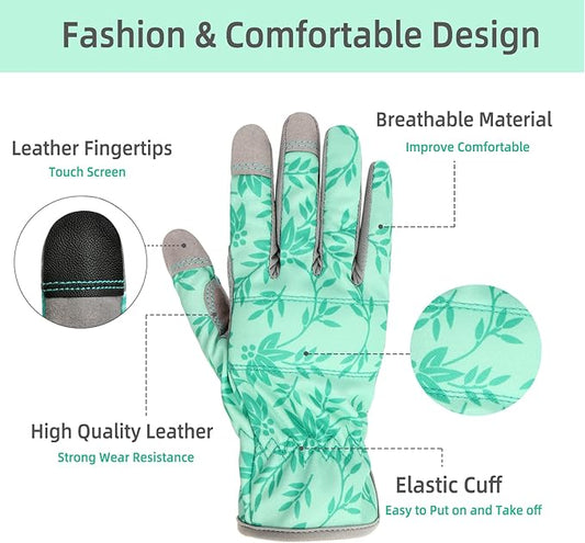 YRTSH Leather Gardening Gloves for Women, Flexible Breathable Garden Gloves, Thorn Proof Working Gloves for Weeding, Digging and Pruning, Green, X-Small Fit Small Hand