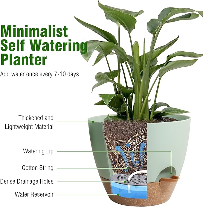 WSMKSZ 10 inch Self Watering Pots, 2 Pack Plastic Planters with Mesh Drainage Holes for Garden Plants and Flower, Plants Pots with Deep Reservoir for Indoor Outdoor Plants, Green with Brown