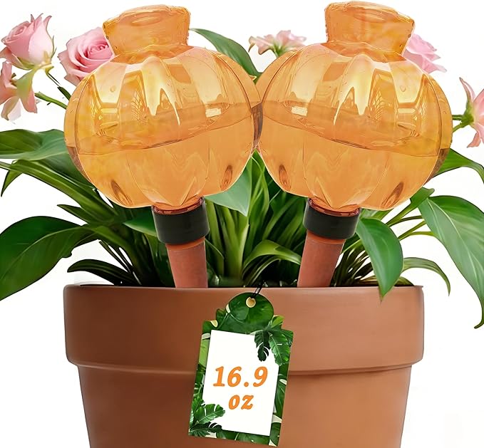 Self Watering Spikes 2 Pack, 16.9oz Large Capacity Plant Watering Globes, Up to 2 Weeks Automatic Watering, Terracotta Irrigation Device for Indoor Plants (Orange Lantern Design)
