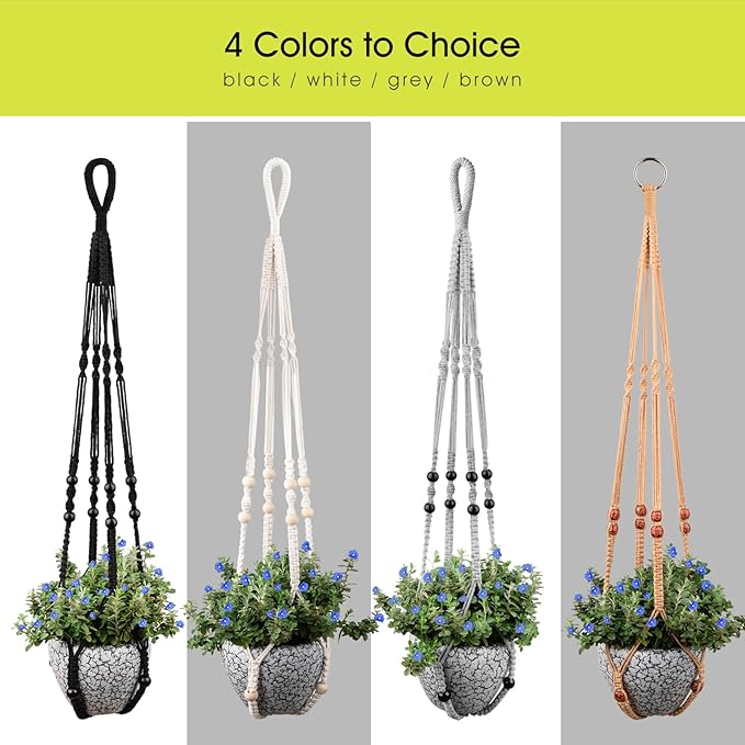 Macrame Plant Hanger for 5 to 10 Inch Plant Pots, Set of 2 Indoor Handmade 35 Inch Woven Rope Hanger Kits with Hooks and Wood Beads, Hanging Planter Basket Holder for Boho Home Decor (Grey, 2 Pack)