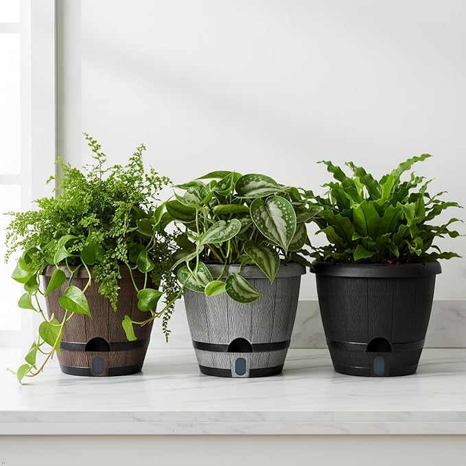 Sun-E 10 inch Plant Pots Self Watering Whiskey Barrel Planters with Drainage Hole&Saucer, Garden Home Indoor Outdoor Plants Pots, Planters for Indoor Plants, Gift Idea for Plant Lovers,Mixed Colors