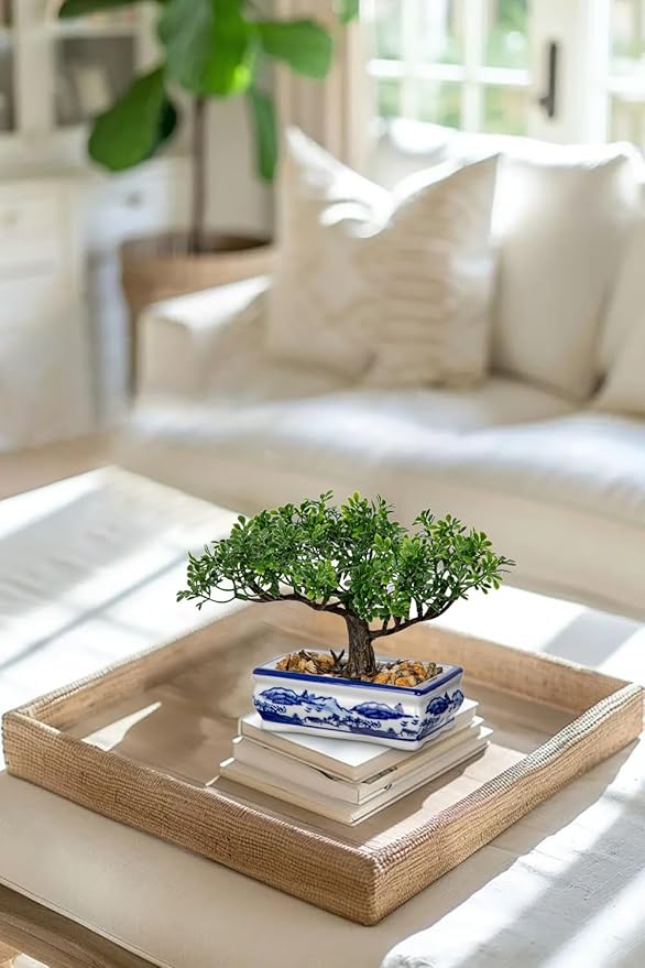 Artificial Bonsai Tree with Blue and White Porcelain Pot, Fake Bonsai for Home Office Desk Decor, Oriental Zen Tabletop Decoration, Faux Bonsai Plant for Living Room, Shelf & Gift