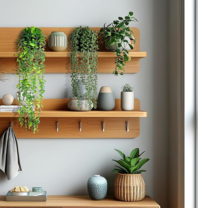 SHENLIU Artificial Hanging Plants for Shelf, 4 Pack Fake Potted Greenery Plant Faux Eucalyptus Vine String of Pearls Boston Fern Ivy Vine Leaves for Living Room Bedroom Boho Wall Shelf Indoor Outdoor