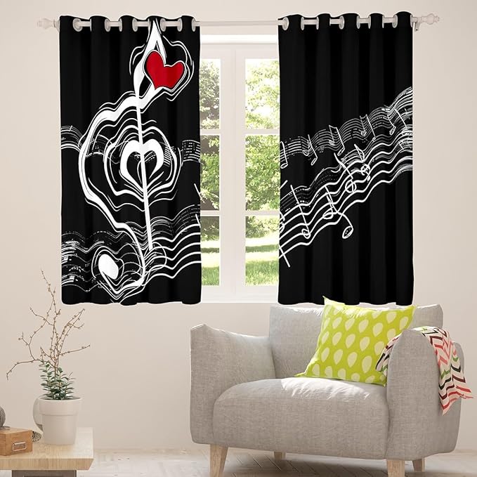 Feelyou Kids Room Decor Music Note Curtains Music Pattern Window Curtains Bedroom Living Room Kids Decor Boys Girls Themed Window Drapes Durable Treatments Black 42W X 63L,2 Panels