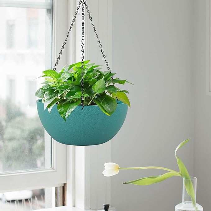WSMKSZ 10 inch Hanging Planters for Outdoor Indoor Plants with Drainage Holes and Chain, 2 Pack Round Hanging Flower Pots for Garden Home Porch Decor, Blue Green