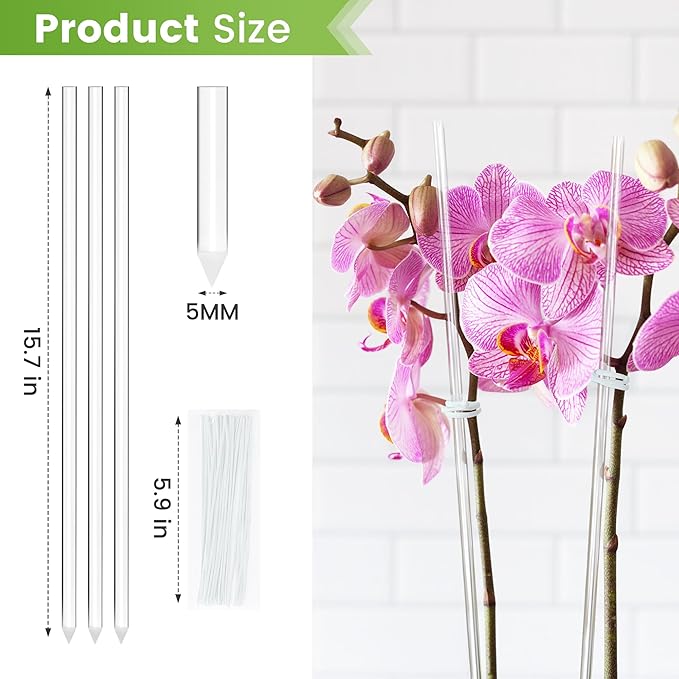 Plant Stakes Acrylic Clear Orchid Support Sticks 20 Pcs with Twist Ties for Grow Upright Holder (15.7 Inch)