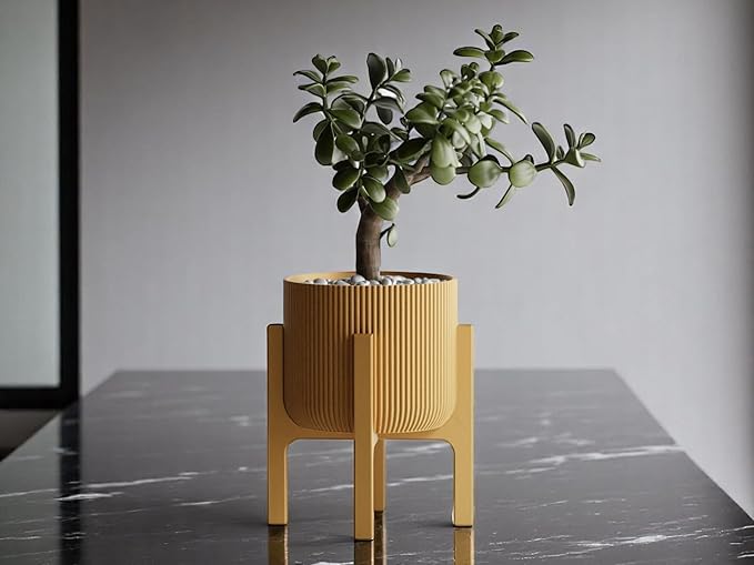 Modern Geometric Planter with Stand – Decorative Indoor Plant Pot with Ridged Top & Smooth Bottom, Stylish Planter for Succulents, Herbs, Small Plants (Gold - Ridges only and Stand)