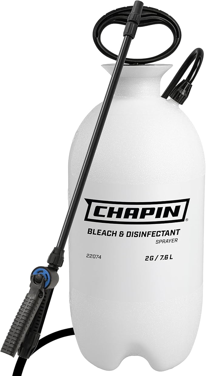 Chapin 22074 Bleach Pump Sprayer, 2‑Gallon, Lawn & Garden, Bleach‑Resistant Poly Tank, Funnel‑Top, Anti‑Clog Filter, Adjustable Cone Nozzle, 40" Hose for Cleaning, Mold & Disinfecting Applications