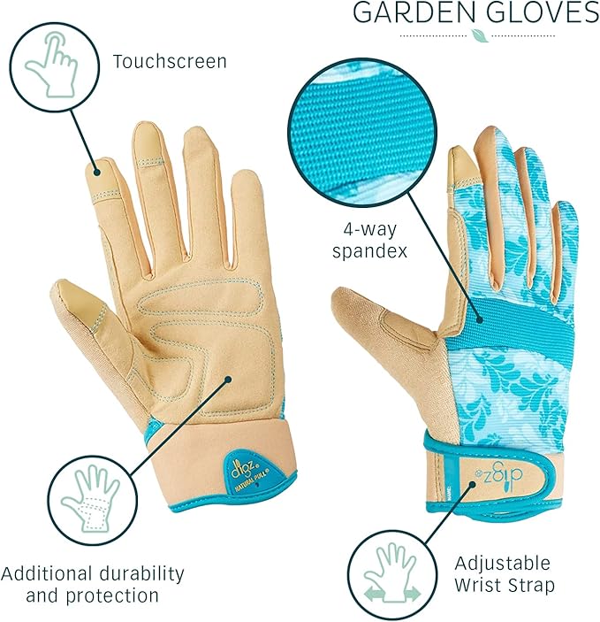 Digz Large Gardening Gloves for Women High Performance Thorn Proof Touchscreen Fingertips Reinforced Palm and Knuckle Padding Blue Leaves Pattern, 7607-23