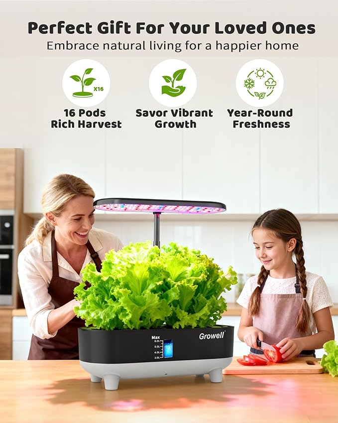 Growell Hydroponics Growing System Kit, 16 Pods, Vertical 8L Indoor Gardening System for Herb Vegetable Fruit, Hydro Garden with LED Grow Light, Smart Water Circulation, 3 Light Modes & 2 Timer, Black