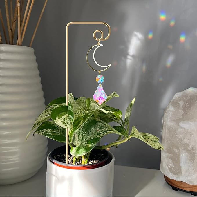 WellSign Small Trellis for Potted Plants Indoor with Colorful Crystal Sun Catcher, 14.17 Inch Metal Plant Lattice for Mini Potted Plant Decoration for Home Window Garden 4 Pack