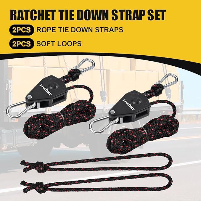 Ayaport Adjustable Rope Hanger Grow Light Hanger, 14Ft 3/8" Heavy Duty Plant Pulley Rope Tightener Ratchet Tie Down for Kayak, Tent Tie Downs, 2 Pack