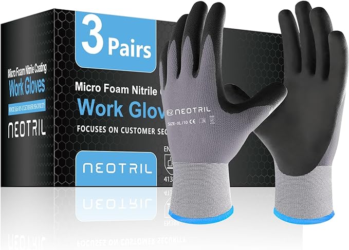 NEOTRIL Safety Work Gloves MicroFoam Nitrile Coated-3/6/12/36 Pairs,Breathable Nylon Working Gloves for Men Women