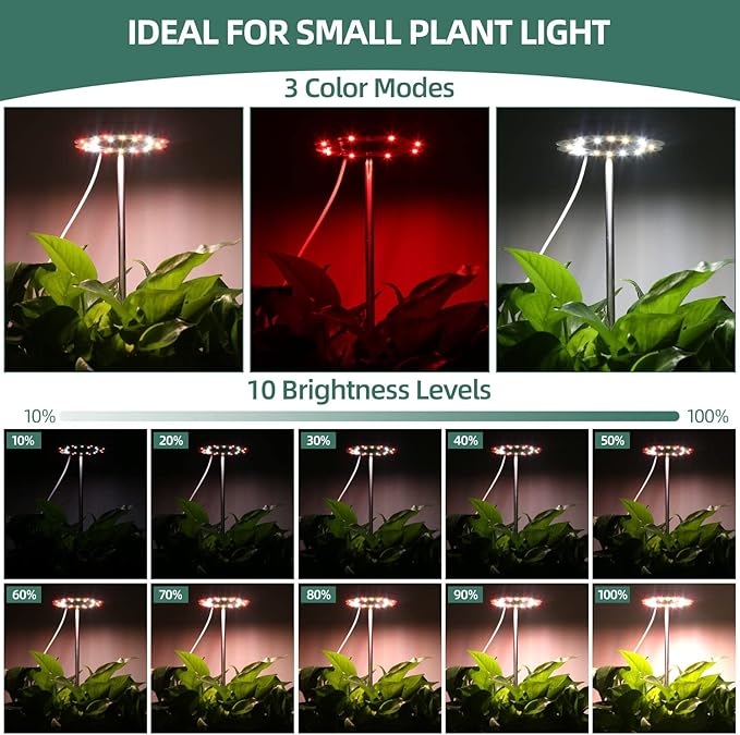 CFGROW Grow Light Full Spectrum Plant Light for Indoor Plants, Height Adjustable Growing Lamp with Auto On/Off Timer 3/9/12H, 10 Dimmable Levels, 3 Light Modes Small Plant Grow Light