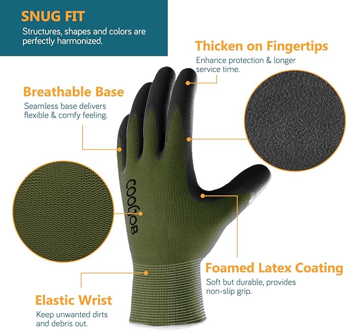 COOLJOB Gardening Gloves for Men, 2 Pairs Breathable Rubber Coated for Garden Weeding Landscaping, Outside Work for Lawn Yard, Men's Large Size, Black & Green