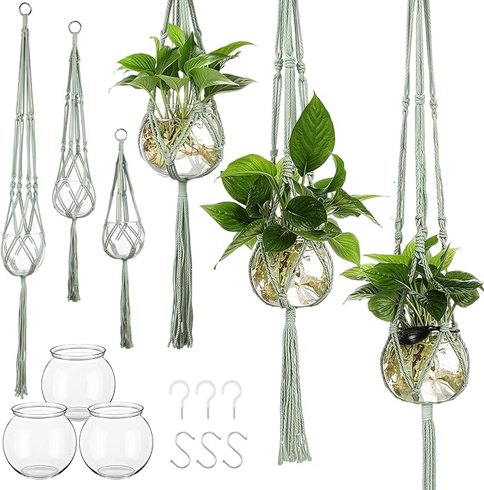 Colingmill 6 Pcs Plastic Plant Propagation with Boho Macrame Hanger Wall Plant Propagation Station Hanging Holder Include Hooks Kit for Indoor Home Garden Office Decor 3 Size (Sage Green)