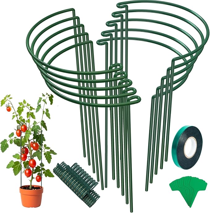 Unves 10 Pack Plant Support Stakes, 10" W x 16" H Half Round Peony Cages and Supports, Metal Peony Cage Plant Ring for Outdoor Plants Tomato Flower Vine, with Garden Labels, Clips and Ties