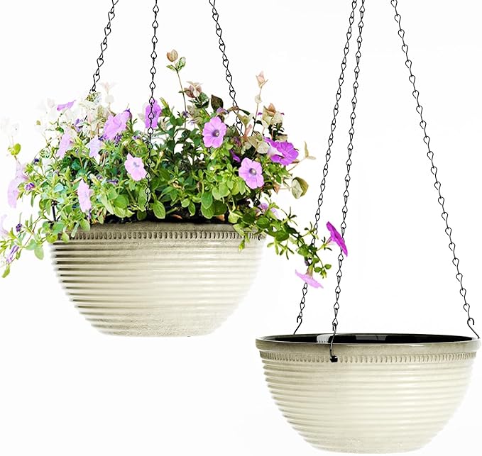 Vanslogreen 2 Pack Hanging Planters for Indoor Outdoor Plants, 10 Inch Hanging Planter with Drainage Hole & Plug Glazed Hanging Baskets Flower Pots for Garden Home (Off-White)