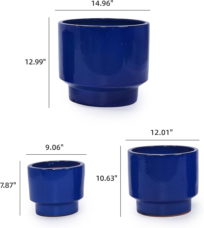 3-Piece Ceramic Flowerpot Set Modern Glossy Planters Elevated Base Drainage Hole Airflow Promoting Round Pots Succulents Flowers Patio Windowsill Frost Heat Weather Resistant (Antique Blue Green)