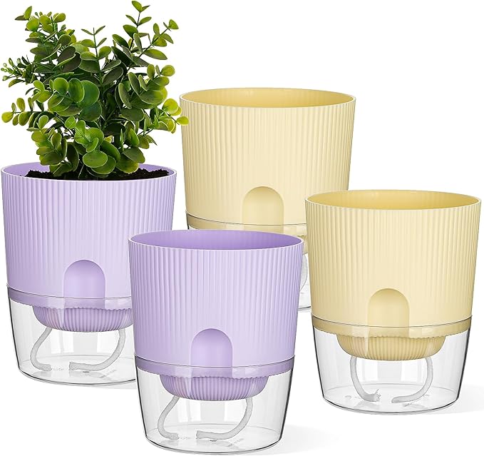 Self Watering Pots for Indoor Plants, 4 Pack 5.7 Inch Flower Pots with Deep Reservoir & Drainage Holes, Yellow Purple Plastic Planters with Water Level Window for Succulents Orchids