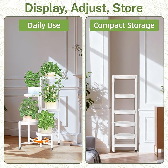 iDavosic.ly Plant Stand Indoor Outdoor, 5 Tier Corner Metal Flower Display Holder Shelf, Folding Tall Orchid Rack for Patio Balcony Porch Garden Living Room House, White