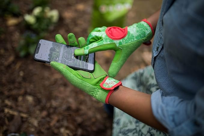 DIGZ 7652 Signature High Performance Women's Gardening Gloves, Work Gloves with Touchscreen Compatible Fingertips, Green Leaves Pattern, Medium