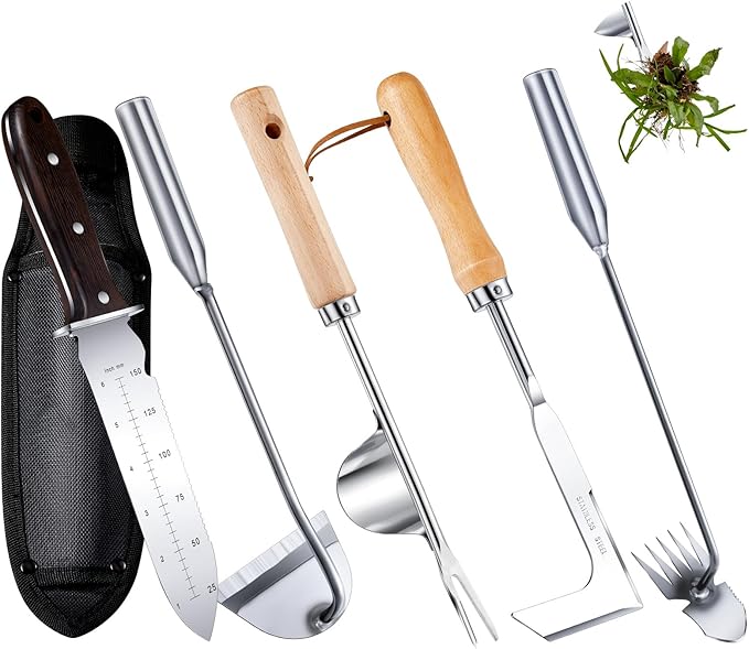 Yungyan 5 Pcs Weed Puller Set Include Hori Weeding Knife Uprooting Crack Weeder Puller Tool 5 Teeth Weeding Tool L Shape Gardening Crack Sickle Tool Hoe for Garden Lawn Grass Moss Removal Backyard
