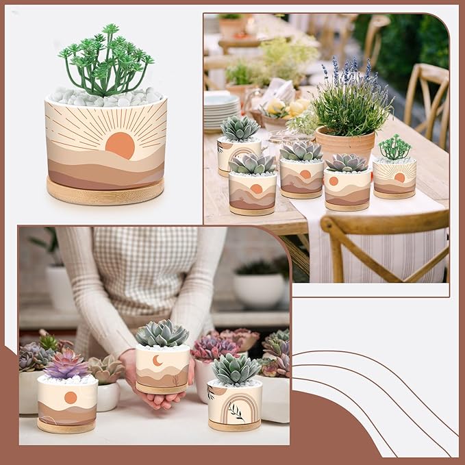 Qinyoung 6 Sets Boho Plant Pots Succulent Pot Modern Sun Ceramic Flower Planter Pot with Bamboo Tray for Indoor Plants, Aloe, Cactus, Home Office Decor