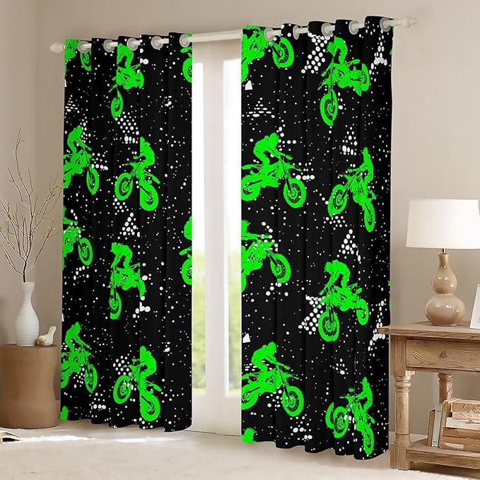 Feelyou Boys Dirt Bike Window Curtains Bedroom Living Room Cool Sports Curtains Kids Room Decor Boys Motocross Rider Window Drapes Fluorescent Green Bike Window Treatments 38W X 45L，2 Panels