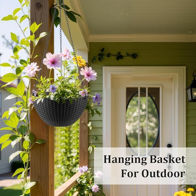 RooTrimmer Hanging Planters for Indoor Outdoor Plants 8 and 10 Inch, 4 Packs Hanging Flower Pot with Drainage Holes, Self-Watering Hanging Basket Perfect for Home, Office and Garden, Black