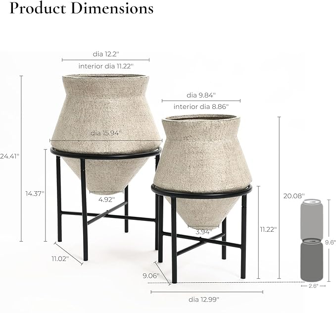 LuxenHome Planters for Indoor Plants, Set of 2 Indoor Plant Pots, Decorative Metal Planters with Stands, Distressed Cachepot Large Floor Flower Pot for Home Office, 13" & 16" Diameter, Sand Beige