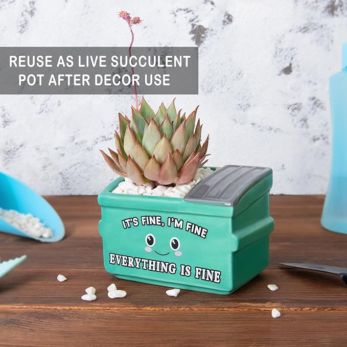Dumpster Fire Fake Plants in Ceramic Succulent Pots Desk Decor, Emotional Support Positive Thinking Office Desk Accessories, Motivational Gifts for Women, Men, Coworkers