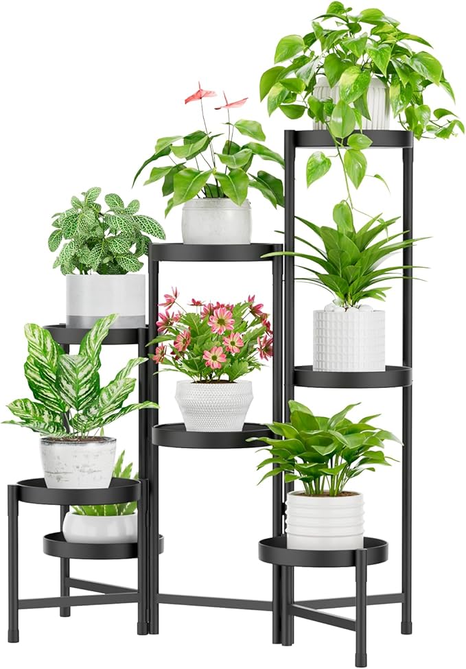 iDavosic.ly Plant Stand Indoor Outdoor, 8 Tier Corner Metal Flower Display Holder Shelf, Folding Tall Orchid Rack for Patio Balcony Porch Garden Living Room House, Black