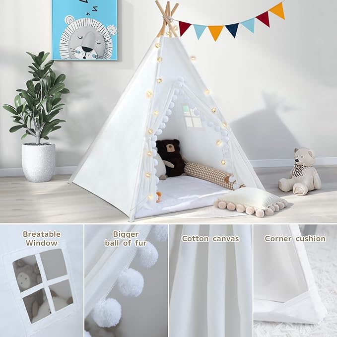 WIRHAO Teepee Tent for Kids with Padded Mat Cotton Canvas Kids Teepee with Pompom for Toddlers Indoor Play Tent for Girls Boys with Stars Lights, Carry Bag, Banner Flag (Snowman)