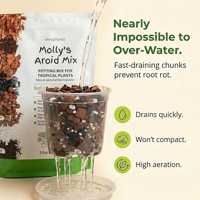 Molly's Aroid Mix - Premium Soilless Potting Mix for Houseplants - Fast Draining, Chunky & Easier to Water vs. Soil for Indoor Plants - with Bark, Coco Chips, Worm Castings, Mycorrhizae 3 Dry Quarts