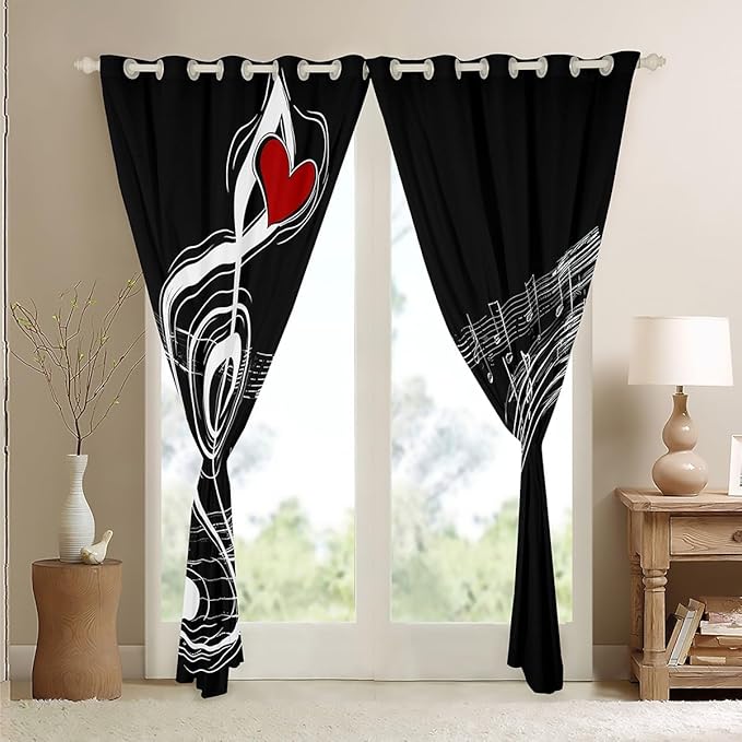 Feelyou Kids Room Decor Music Note Curtains Music Pattern Window Curtains Bedroom Living Room Kids Decor Boys Girls Themed Window Drapes Durable Treatments Black 42W X 63L,2 Panels