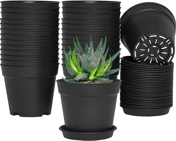 SwinDuck 4 inch Small Plant Pots, 28 Pack Plastic Planters with Drainage Holes and Saucers for Flowers Plants, Succulents, Seed Starting Pots, Black