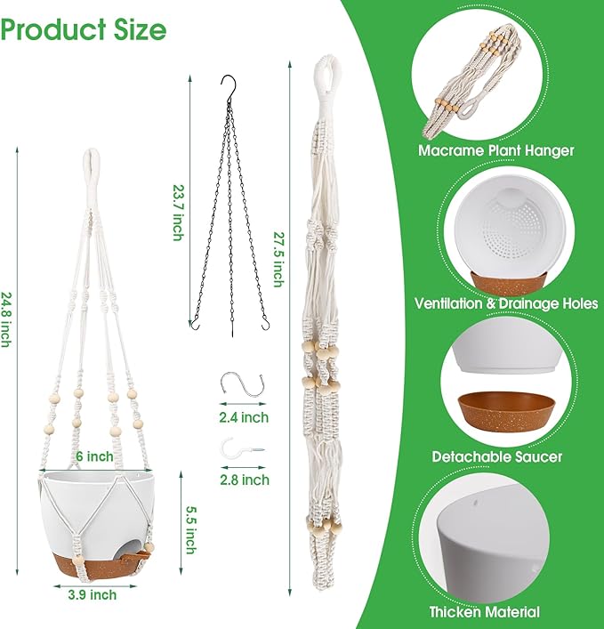 Vanslogreen Hanging Planters for Indoor Outdoor Plants, 2 Pack Self Watering Hanging Pots, Hanging Plant Baskets with Drainage Holes & 2 Types of Plant Hangers (White, 6'')