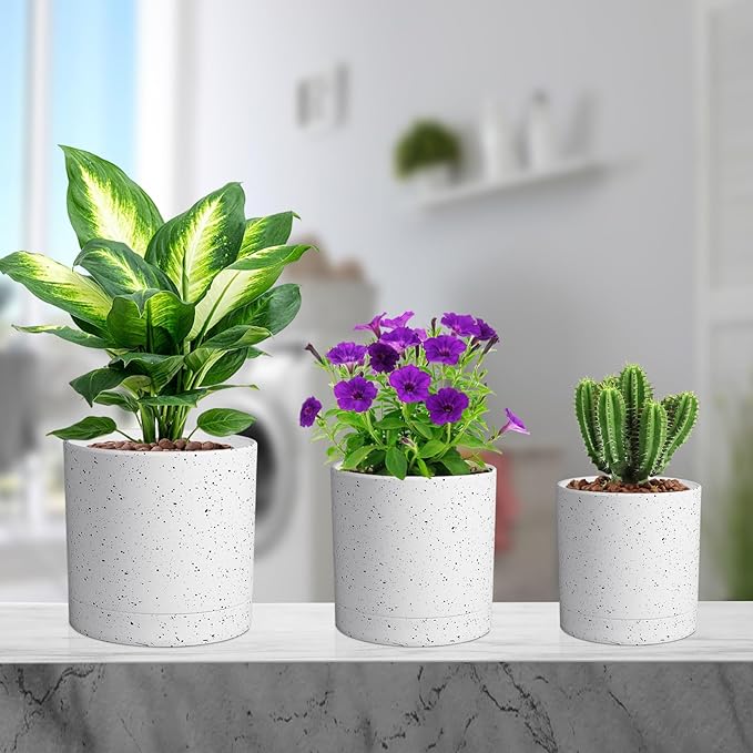 Meowell 6/5/4 inch Plant Pots, 3 Pack Cylinder Flower Pots for Small Indoor Outdoor Plants, Plastic Planters with Drainage Holes and Saucers for Garden Succulent House Plants, Speckled White
