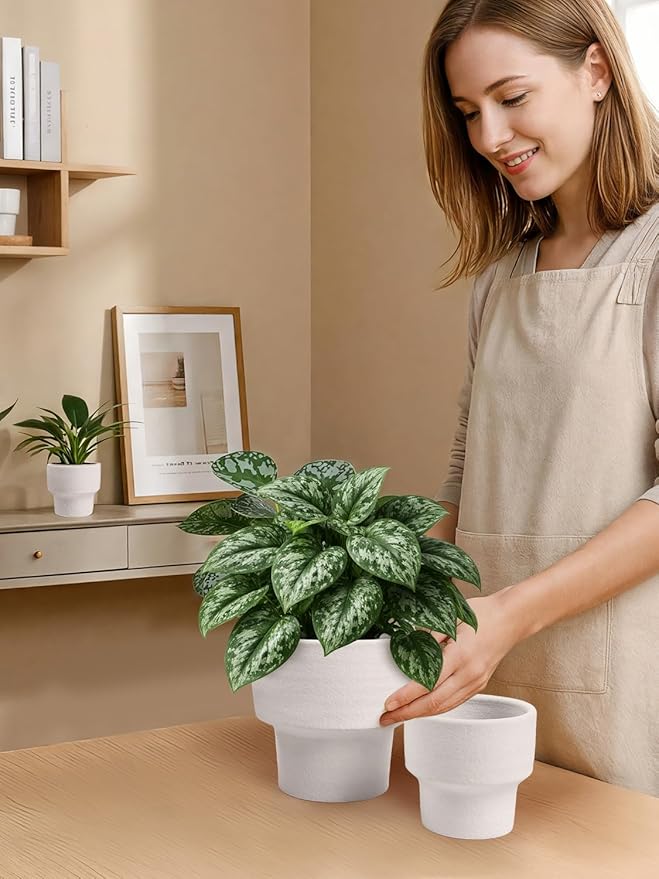 INGOFIN Ceramic Planter Pot Set of 3, 4/5/6 Inch Indoor Decorative Cachepot for Pothos & Succulents, No Drainage Hole, Modern Architectural Plant Display for Contemporary Home Decor, Sandblasted White
