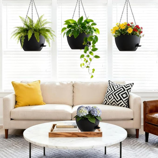UOUZ Set of 3-10 Inch Self Watering Hanging Planters for Indoor & Outdoor，Hanging Plant Pots with Drainage & Removable Tray, Hanging Pots Holder for Ivy, Spider Plants, Ferns, Balcony & Patio, Black
