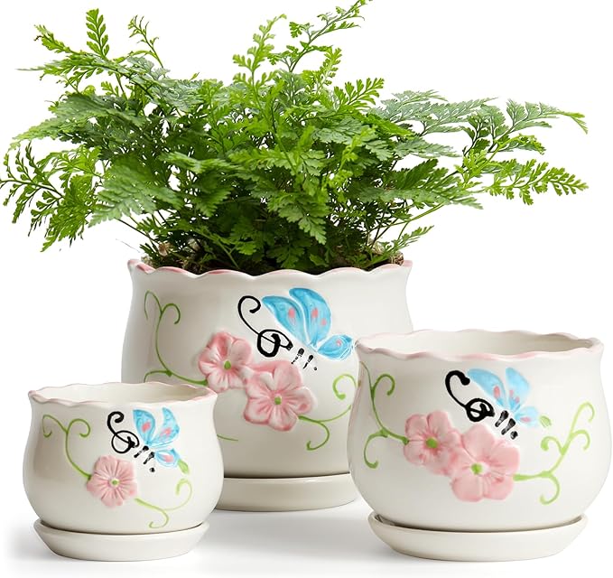 STHIE Ceramic Plant Pots with Drainage Holes and Saucers, Round Flower Pots for Indoor Plant, 4/5.2/6.6 Inches Flower Large Planters Set of 3