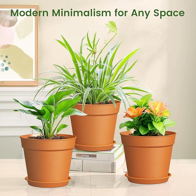 SwinDuck 20 Pack 6 Inch Plant Pots with Drainage and Saucers, Plastic Flower Pots for Indoor and Outdoor Plants, Stackable Nursery Planters for Houseplants and Herbs, Terracotta
