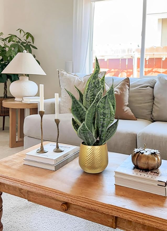 DILATATA Artificial Snake Plant in Gold Pot, 18” Faux Sansevieria Potted Plant for Home Office Decor, Fake Snake Plants Indoor Modern Tabletop Decor Faux Mother in Law Tongue