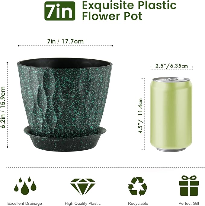 Meowell 7 inch Plant Pots for Indoor Outdoor Plants, 5 Pack Thick Flower Pots with Drainage Holes and Saucers, 3D Modern Wave Texture Plastic Planter Nursery Pots, Black with Green Speckles