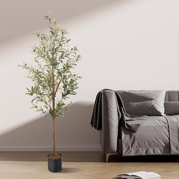 Artificial Fake Olive Tree 5FT Tall 1Pack Faux Silk Olive Tree for Home Living Room Office Decor Faux Artificial Plants Indoor Fake Potted Plants with Fruit & Free Moss